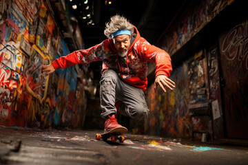 Fototapeta na wymiar Energetic senior man skateboarding in a graffiti-covered urban alley, showcasing his active and youthful spirit in the city.