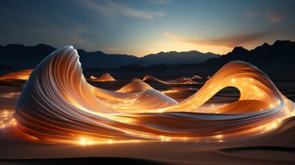 A golden sky cascades over the desert landscape, igniting the mountains with a fiery sunrise as clouds dance in the outdoor oasis of nature - obrazy, fototapety, plakaty