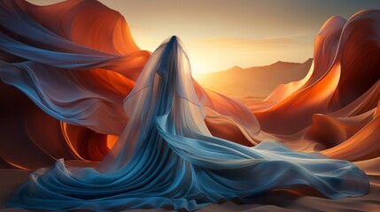 As the fiery sun sets over the vast desert landscape, a woman in a flowing dress stands amidst the ever-changing sky, her presence an ethereal work of art in the midst of nature's beauty