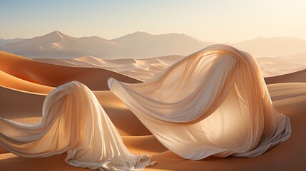 Amidst the endless expanse of the desert, a group of white cloths flutter in the wind, their ethereal beauty contrasting against the rugged landscape of sky, sand, and mountains - obrazy, fototapety, plakaty