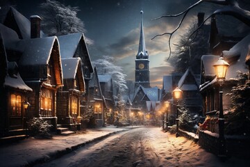 city street in winter, exteriors of houses decorated for Christmas or New Year's holiday, snow, street lights, festive environment