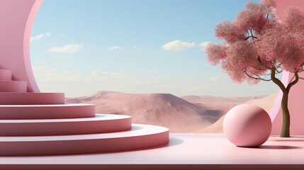 A vibrant sky illuminates a pink podium adorned with a spherical flower and an infrared pink ball, evoking a whimsical and playful atmosphere - obrazy, fototapety, plakaty
