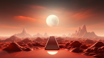 As sun rises over fog-covered mountains, wooden bridge stands tall, reflecting the changing colors of the sky as the moon bids farewell and world transforms into a wild and ethereal landscape