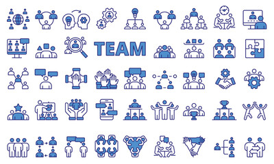 Team icon set in line design. Team work, Collaboration, Group, Unity, Partnership, Cooperation, Together, Synergy, Workgroup vector illustrations. Editable stroke icons. 