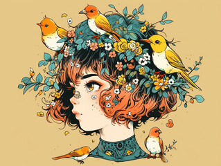 surreal illustration with Girl and birds in her hair, anime manga face style, big eyes, hairstyle with small flowers. Sweet young female character, cartoon drawing.