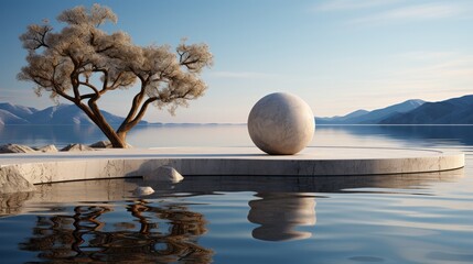 The stark contrast of a wintry landscape, with a glistening lake reflecting the towering mountains and leafless trees, is interrupted by a solitary white ball resting on the cold concrete - obrazy, fototapety, plakaty