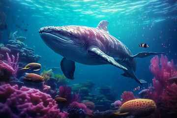 A big whale is swimming in a giant ocean aquarium on beautiful coral reefs. Generative AI