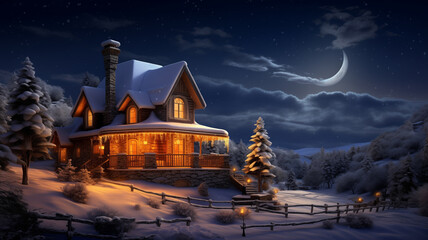 Chalet on the background of winter mountains