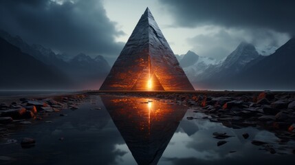 As the sky fades from a fiery sunrise to a mysterious night, a pyramid stands tall amidst the foggy landscape, its reflection dancing on the still waters as a blazing fire ignites in its center - obrazy, fototapety, plakaty