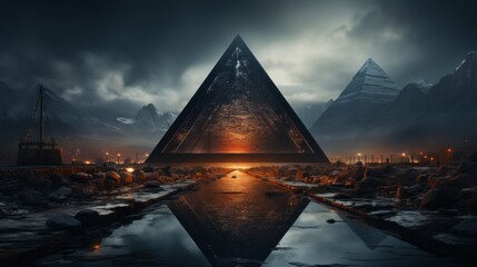 A majestic pyramid rises from the fog-covered valley, framed by the rugged mountains and a starry winter sky, its ancient walls standing strong against the wild elements of the outdoors - obrazy, fototapety, plakaty