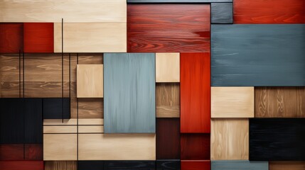 An abstract wooden wall adorned with a wild pattern of colorful squares evokes emotion and showcases the artistry of building design - obrazy, fototapety, plakaty