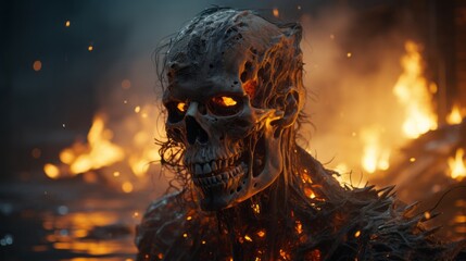 A fiery skull illuminates the night, its blazing heat drawing in all who dare venture outdoors