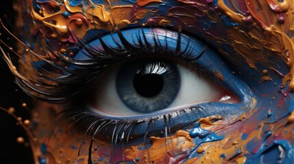 An artistic interpretation of the intricate and captivating human eye, adorned with vibrant strokes of paint, inviting us to explore the depths of our innermost thoughts and emotions - obrazy, fototapety, plakaty