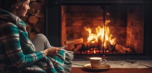 Keuken spatwand met foto Young woman relaxing with warm cup of tea at modern fireplace. Cozy warm moments at winter. Young female resting  © Viks_jin