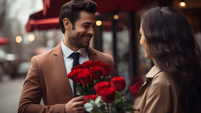 parejas de latinos enamorados celebrando el dia del amor y la amistad regalando flores rojas y chocolates 