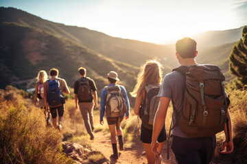 Four backpackers trekking on a mountain path with scenic views of hills bathed in morning sunlight. Nature and hiking.