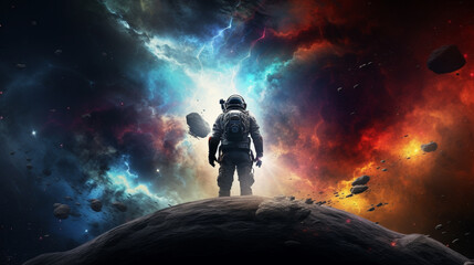 Obraz na płótnie Canvas Space background Astronaut standing on reflection surface with colorful fractal nebula generative ai