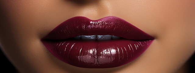 Obraz premium Close-up Red Lips: Model with Burgundy Lipstick, Autumnal Look, Cosmetic Detail.