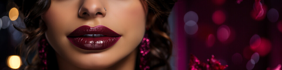 Close-up Red Lips: Model with Burgundy Lipstick, Autumnal Look, Cosmetic Detail.