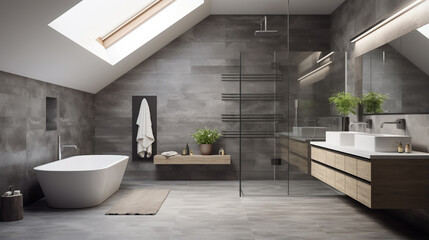 Fototapeta na wymiar Spacious bathroom in gray tones with heated floors, walk in shower, double sink. generative ai
