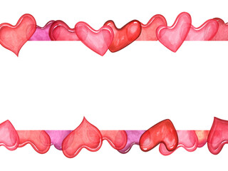 Transparent pink hearts. Horizontal frame with copy space for text. Symbol of romantic holidays. Hearts of various shapes. Hand drawn illustration for design of holidays, wedding invitation
