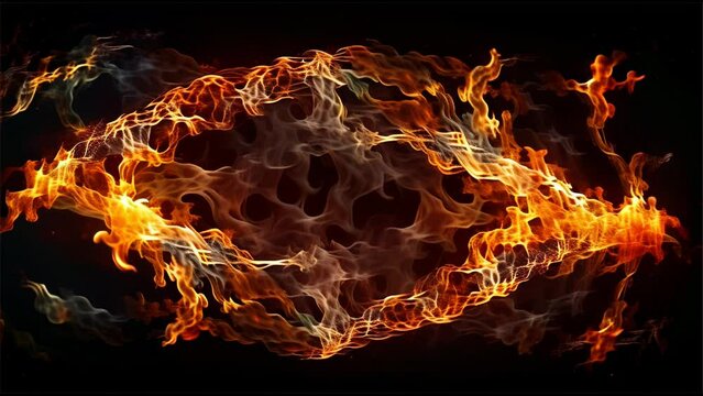 An abstract long exposure photography of swirling flames in red, orange, and yellow with black smoke, creating a primal, hypnotic atmosphere.