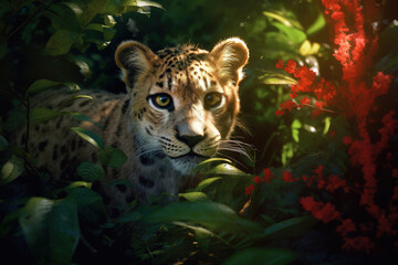 The baby jaguar hiding in the jungle foliage. Generative art