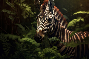 Fototapeta na wymiar Zebra hiding in the jungle at sunset, photorealistic illustration, generative art