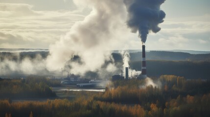 CO2 or carbon dioxide air pollution from factory chimney smokes as environmental problem with unhealthy emissions. Green and lush carbon capture necessity for better future and greener tomorrow. - obrazy, fototapety, plakaty