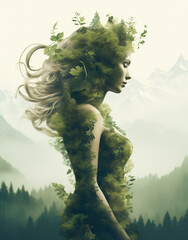 Woman, calm and peaceful portrait, double exposure style, photorealistic illustration, states of mind concept