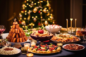 Christmas dinner table full of dishes with food and snacks, New Year's decor with a Christmas tree in the background