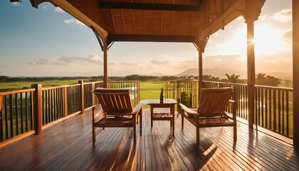 Tranquil sunrise view from wooden veranda at resort: Two armchairs overlooking golf course - obrazy, fototapety, plakaty