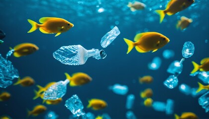 Fototapeta premium Plastic bottles and microplastics: An illustration of ocean pollution