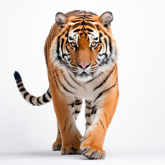 Male bengal tiger walking in front of a white background.