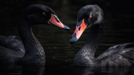 Black swans (Cygnus atratus) swimming in a lake. Wildlife Concept With Copy Space