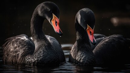 Two black swans swimming in the dark water. Black swans, Cygnus olor. Wildlife Concept With Copy Space