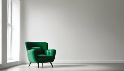 Green armchair in room interior: Set against an empty white wall