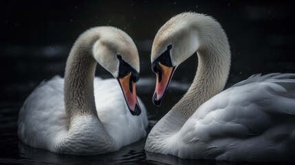 two swans on the water, black background, shallow depth of field. Wildlife Concept With Copy Space