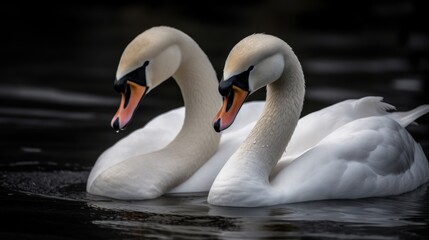 Two swans swimming on the water. Black background. Close-up. Wildlife Concept With Copy Space