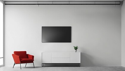 Red armchair in a living room with a wall-mounted TV and white wall