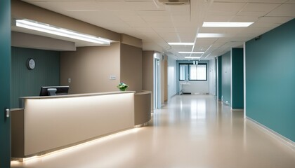 Hospital reception clinic in a hallway with an unfocused background