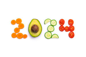 New year 2024 made of food on white background.
