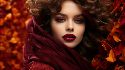 Close-up Red Lips: Model with Burgundy Lipstick, Autumnal Look, Cosmetic Detail.