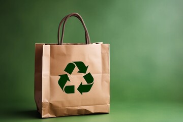 Paper bag with a recycle symbol on it on green background with copy space. Eco recycling concept.