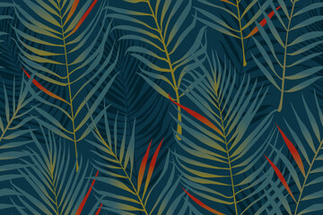 Seamless coconut leaf pattern for fabric and wallpaper designs.Tropical vegetation, palm leaves on a blue background.