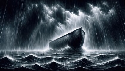 Noah's Ark amidst the pouring rain during the flood.