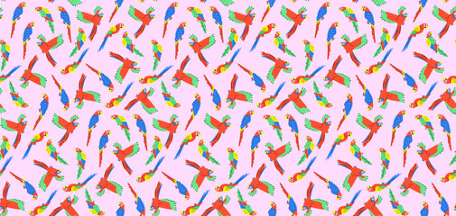 Fototapeta na wymiar Colorful pattern with parrots in flat style. Vector seamless background with cute parrot characters.