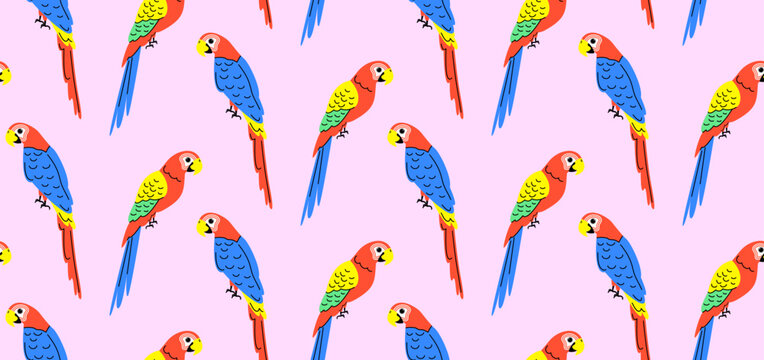 Colorful pattern with parrots in flat style. Vector seamless background with cute parrot characters.