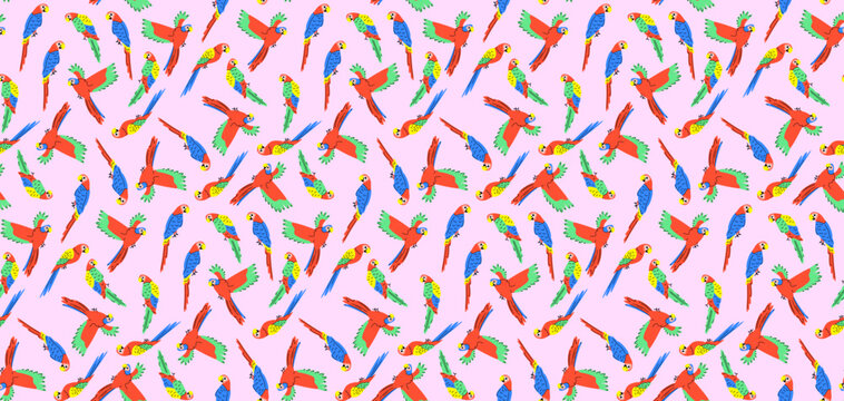 Colorful pattern with parrots in flat style. Vector seamless background with cute parrot characters.