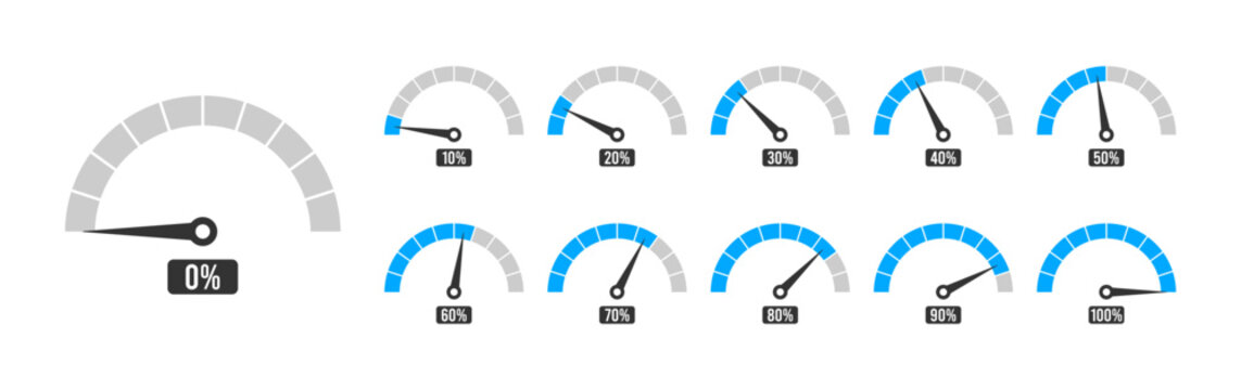Percentage meter gauge element. Speedometer icon set or percentage loading bar. Vector illustration.
